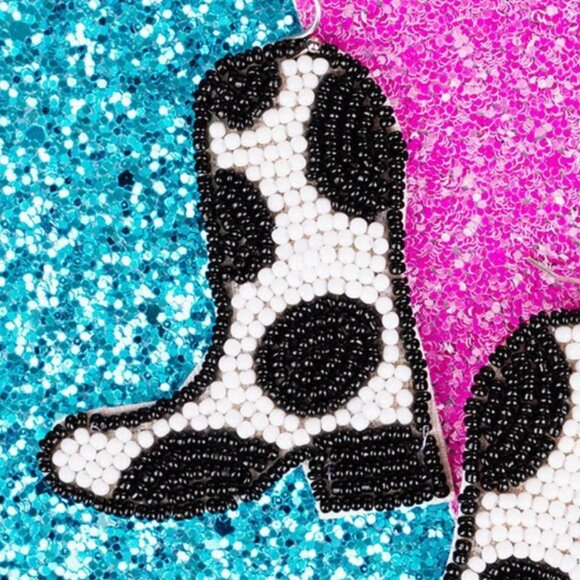 ICON Cow Print Cowboy Boot Seed Bead Pierced Earrings NWT - Picture 2 of 5